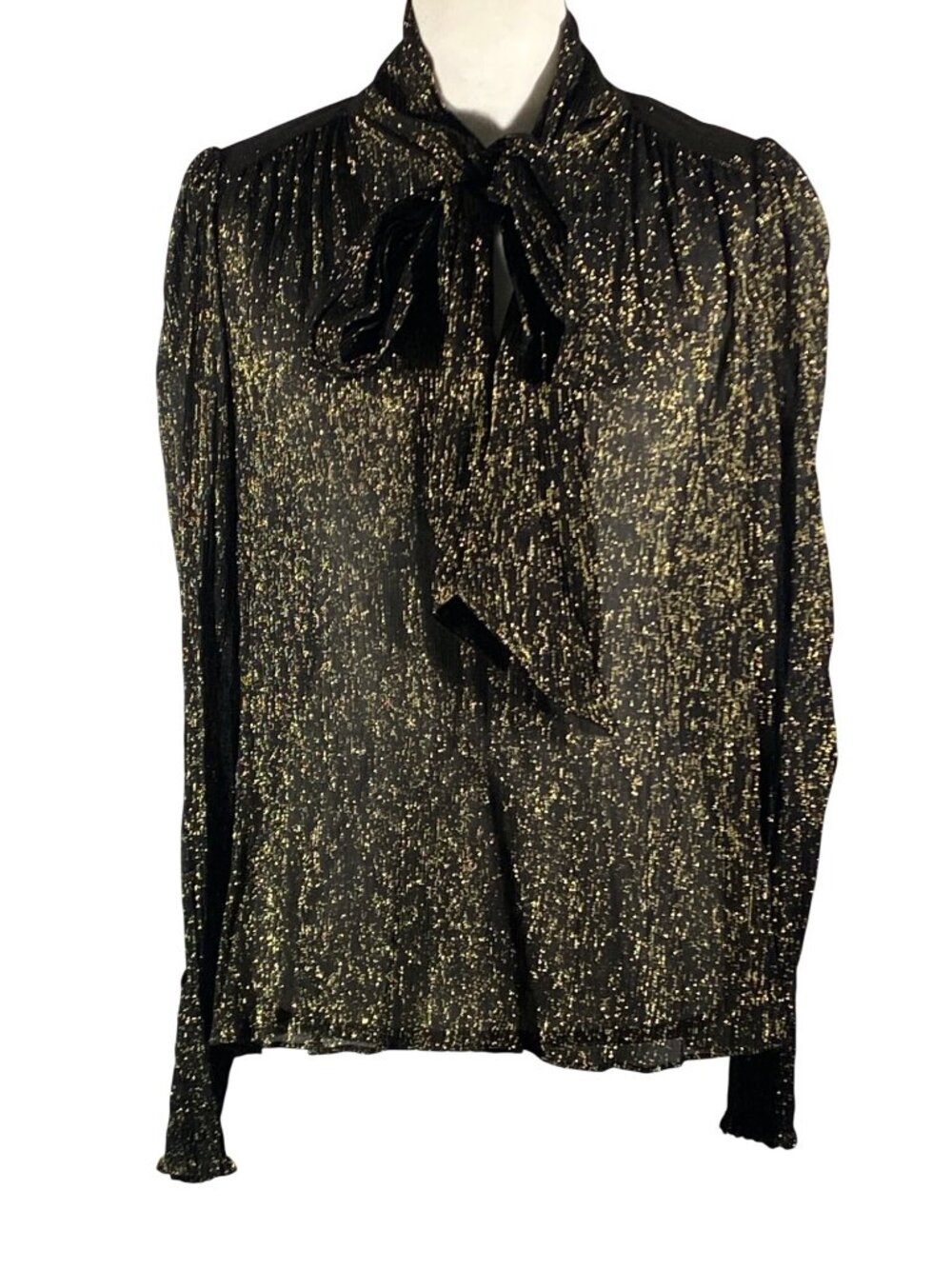 ME+EM Black Sheer Blouse Gold metallic Tie Neck Long Sleeves smocked cuff Size 6